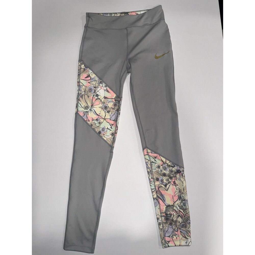 Nike Girls Dri-FIT Leggings Gray & Floral XL Regular Fit Athletic Casual